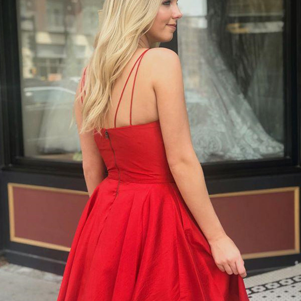 
                      
                        Cute V Neck Open Back Red Satin Short Prom Dresses, Open Back Red Homecoming Dresses, Red Formal Evening Dresses 
                      
                    