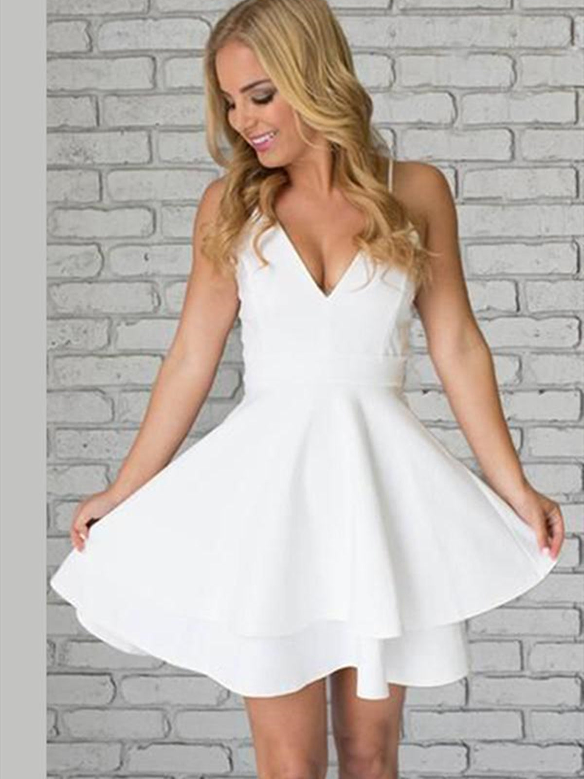 Cute V Neck White Short Prom Dresses with Lace Back, Short White Homecoming Formal Evening Dresses