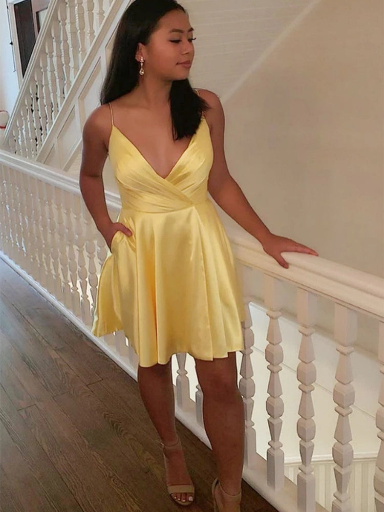 Cute V Neck Yellow Satin Short Prom Dresses Homecoming Dresses, V Neck Yellow Formal Graduation Evening Dresses