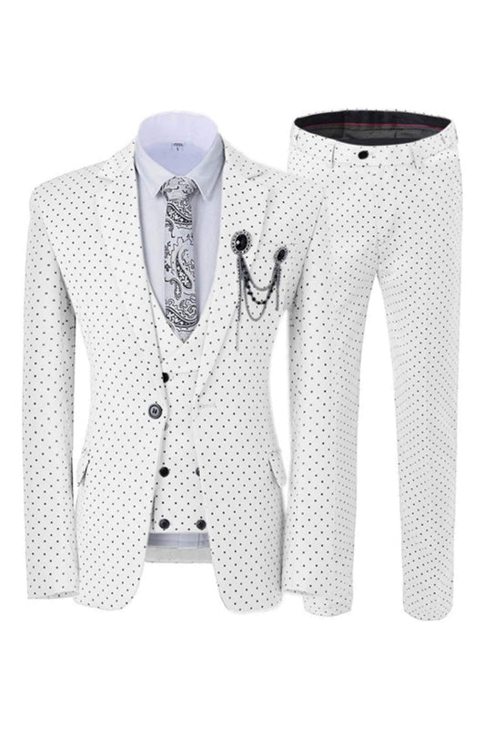 Hunter Bespoke White Notched Lapel Three Pieces Prom Suits With Black Dot