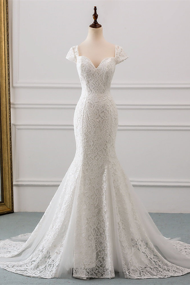 Sweetheart Lace Long Mermaid Wedding Dress with Cap Sleeves