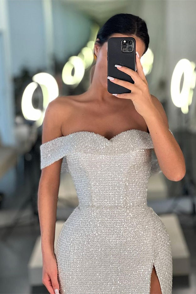 
                      
                        White Off-the-Shoulder Sequins Mermaid Prom Dress with Split
                      
                    