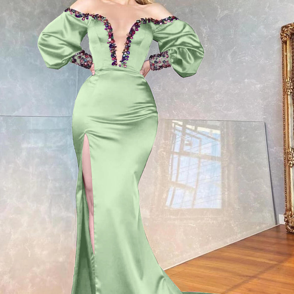 
                      
                        Purple Off-the-Shoulder V-Neck Beaded Long Sleeve Mermaid Prom Dress with Front Split
                      
                    