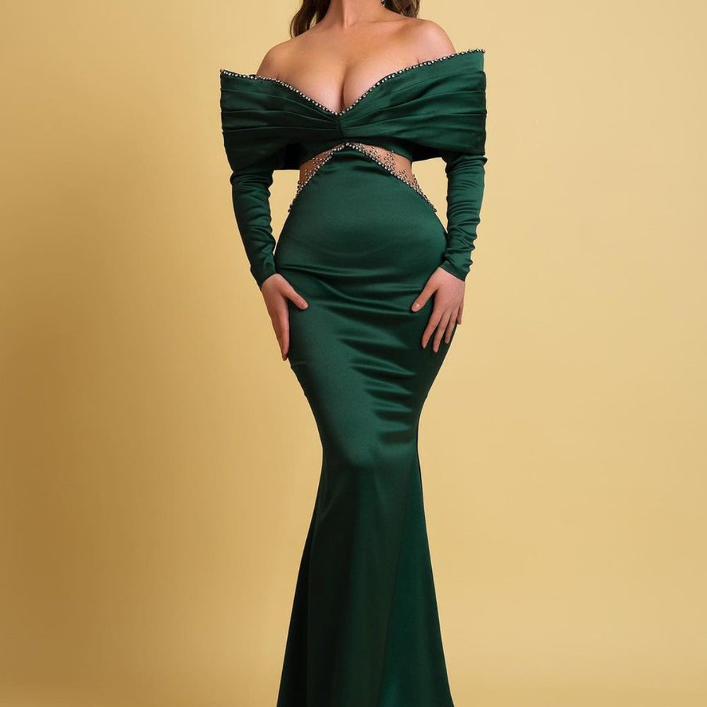 Emerald Green Off-the-Shoulder Charmeuse V Neck Mermaid Prom Dress