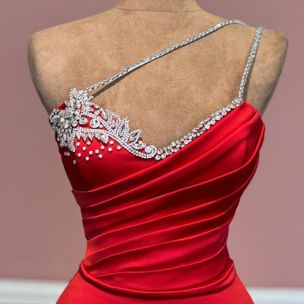 
                      
                        Red One-Shoulder Prom Dress with Beadings and Long Satin Sleeveless
                      
                    