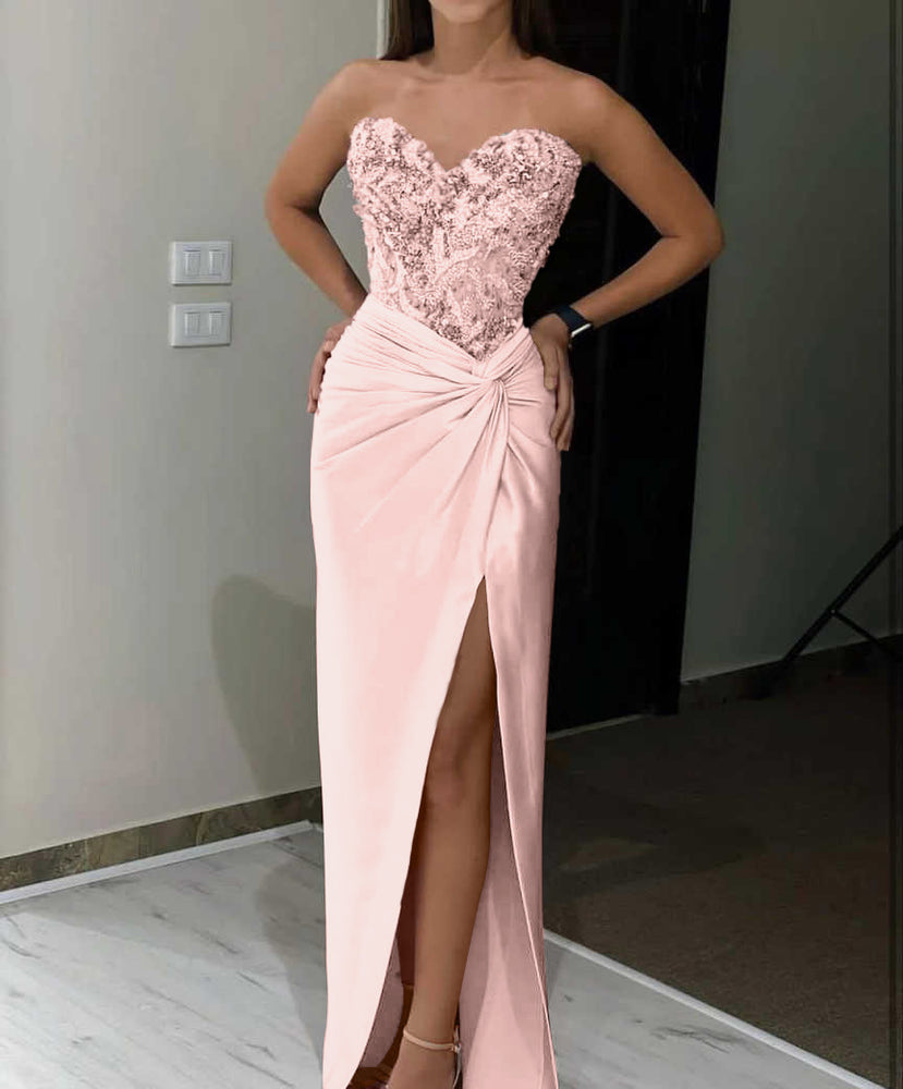 
                      
                        Pink Sequin Applique Long Prom Dress with High Slit
                      
                    