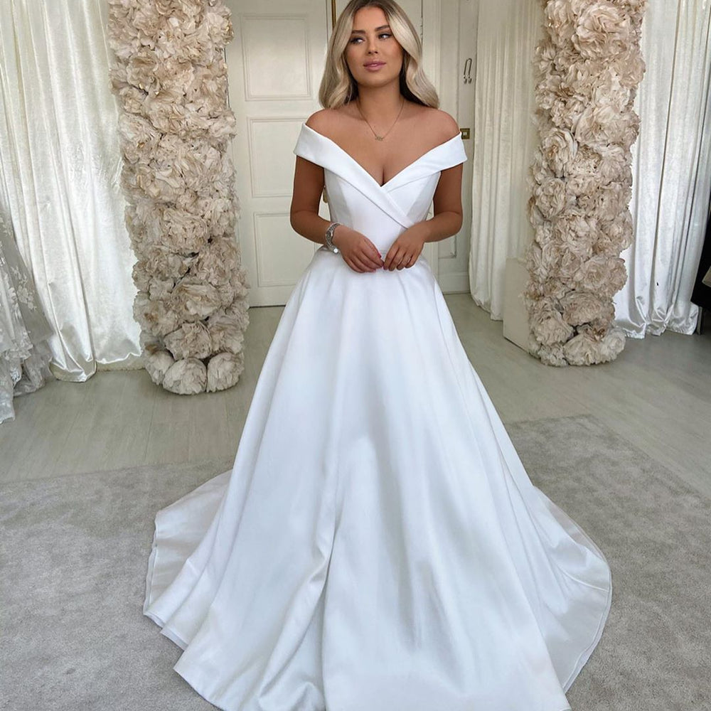 Long Off-the-Shoulder Sweetheart Backless A-Line Wedding Dress with Satin