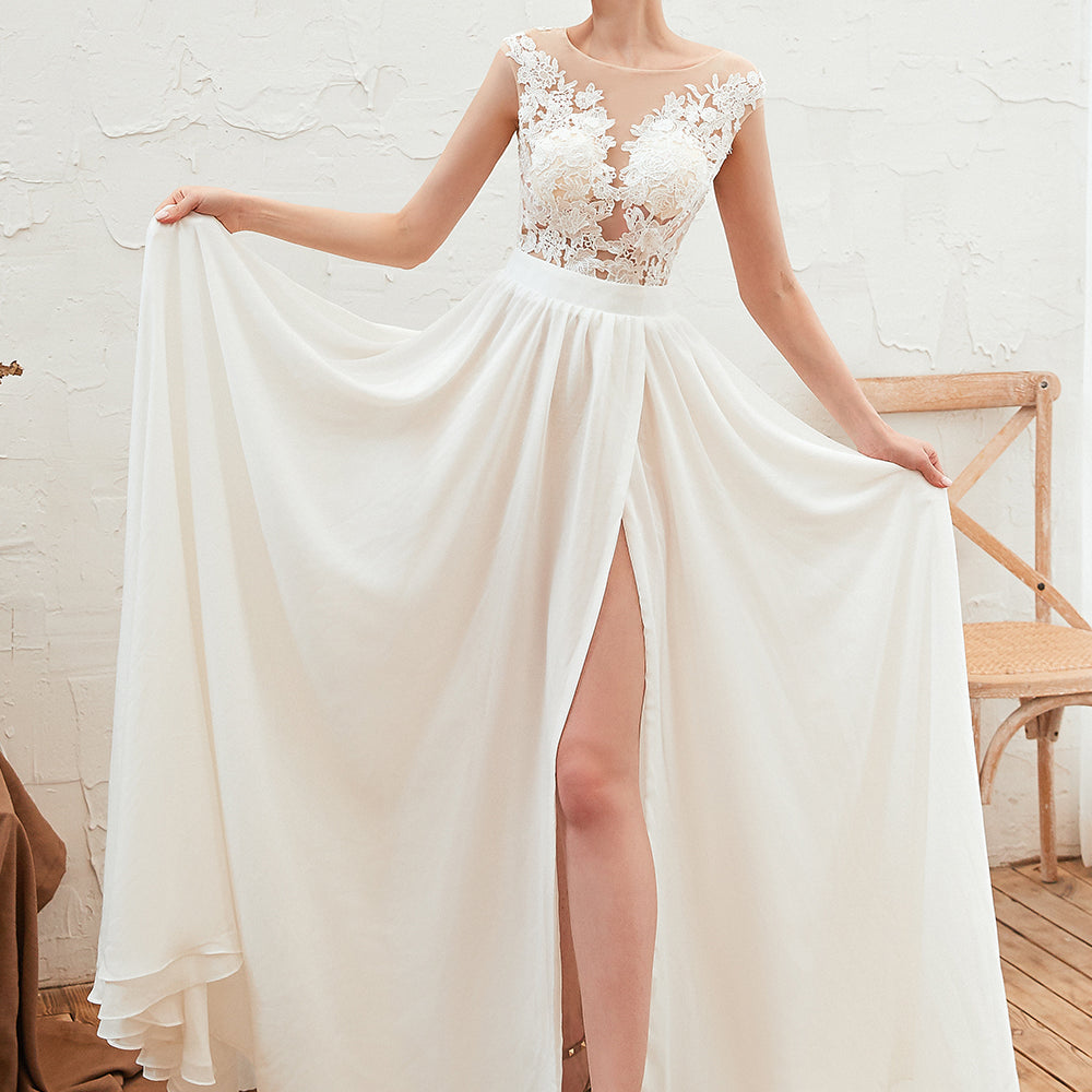 
                      
                        Bateau Neck A-Line Chiffon Wedding Dress with Lace Appliques, Ruffles, and Slit
                      
                    