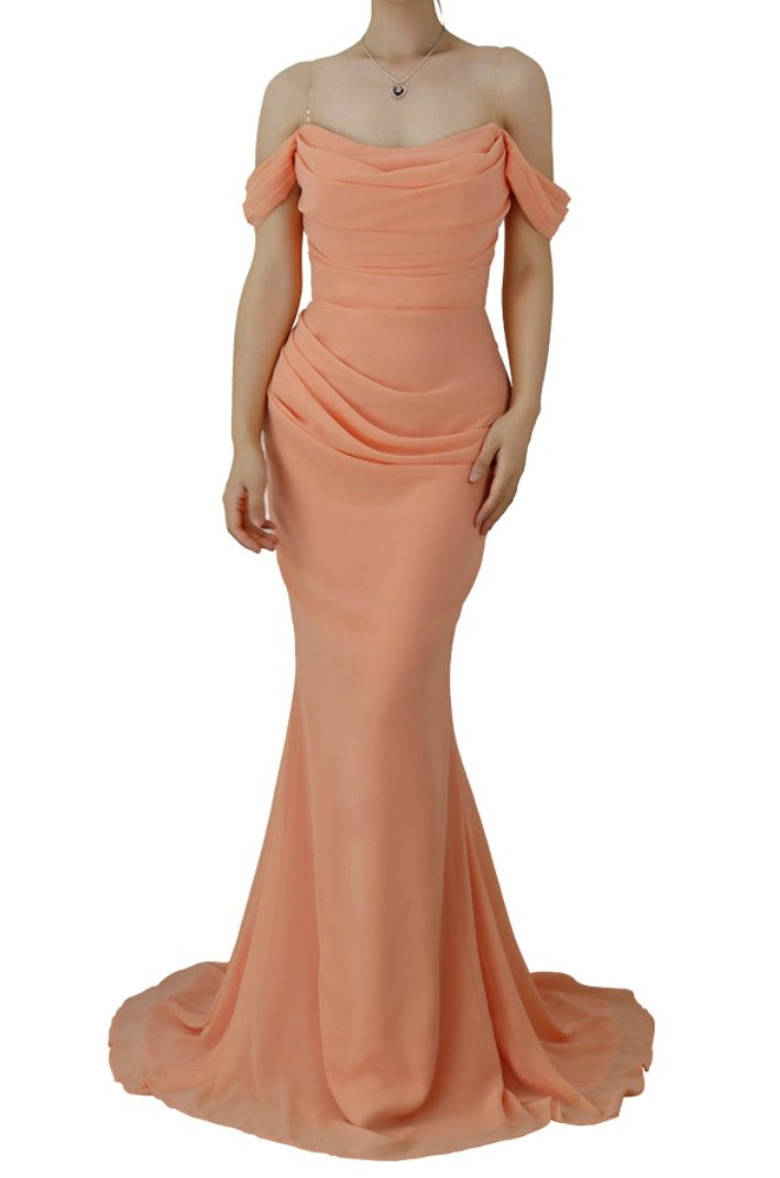 Lotus Root Pink Off-the-Shoulder Mermaid Long Prom Dress