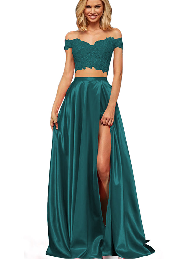 
                      
                        Off-the-Shoulder Two Pieces Prom Dress with Appliques and Slit
                      
                    