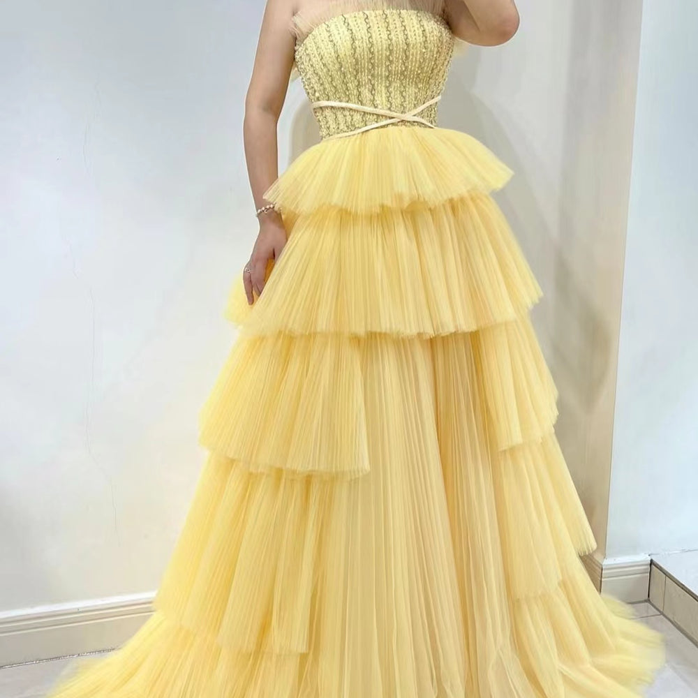 Daffodil Strapless Sleeveless Layered Tulle Prom Dress