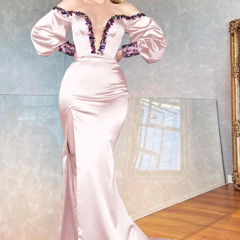 
                      
                        Purple Off-the-Shoulder V-Neck Beaded Long Sleeve Mermaid Prom Dress with Front Split
                      
                    