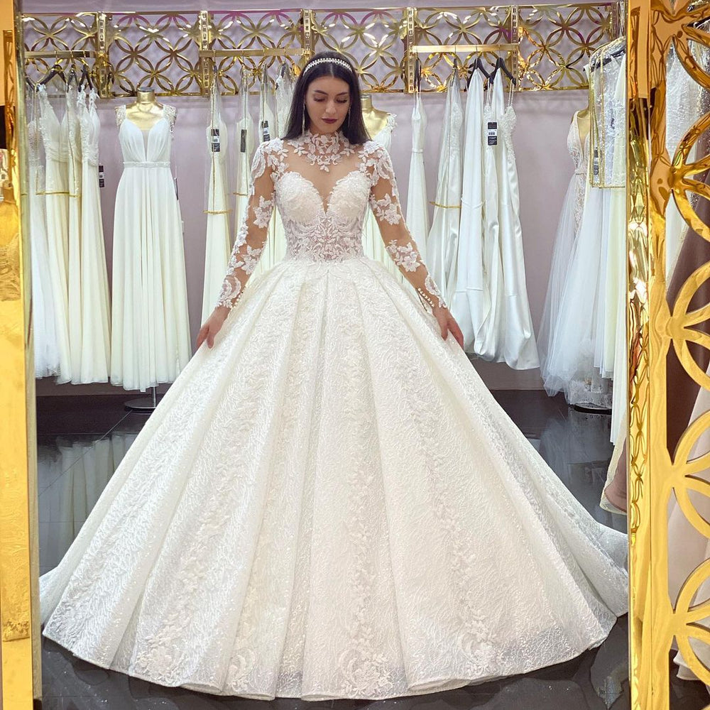 
                      
                        High Neck Jewel Long Sleeve Wedding Dress with Lace Appliques
                      
                    