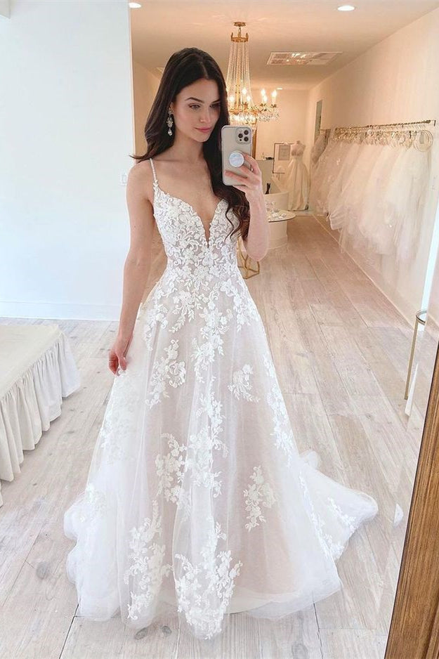 Spaghetti Strap A-Line Tulle Lace Wedding Dress