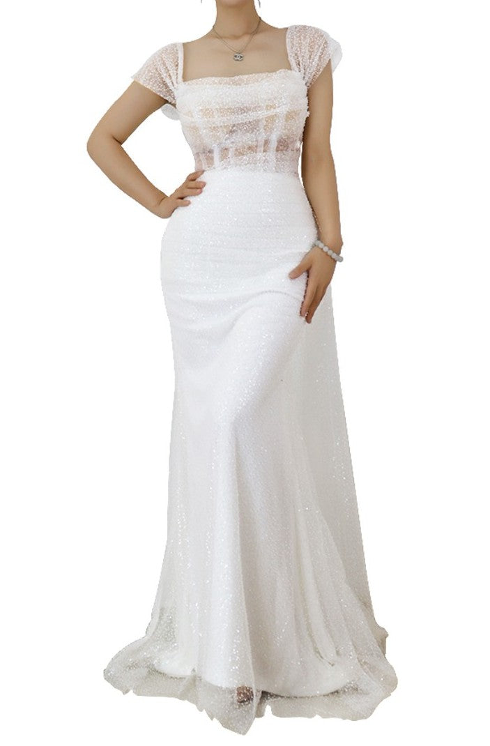 Elegant Long White Spaghetti-Strap Sleeveless Tulle Prom Dress