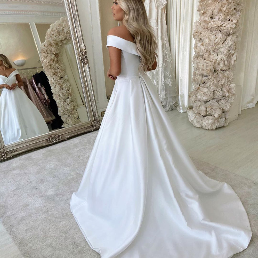 
                      
                        Long Off-the-Shoulder Sweetheart Backless A-Line Wedding Dress with Satin
                      
                    