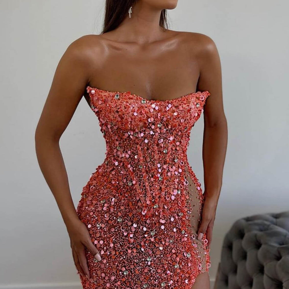 
                      
                        Gorgeous Orange Sequins Mermaid Sweetheart Prom Dress with Split, Sleeveless
                      
                    