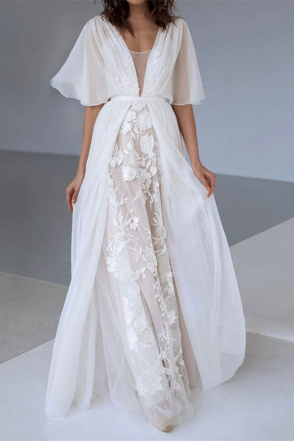 V-Neck A-Line Chiffon Lace Boho Wedding Dress with Belt