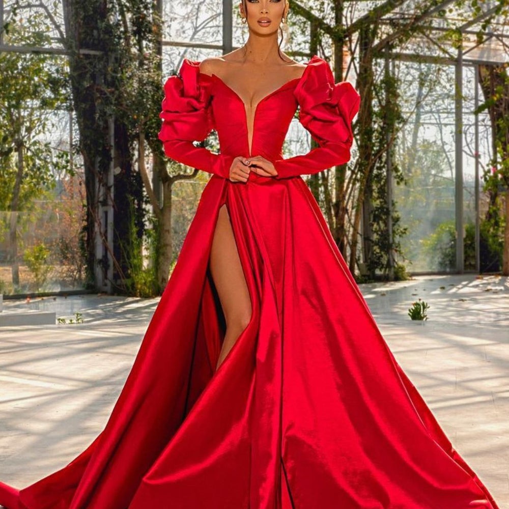 Sexy Red V Neck Bubble Sleeves Prom Dress with Slit