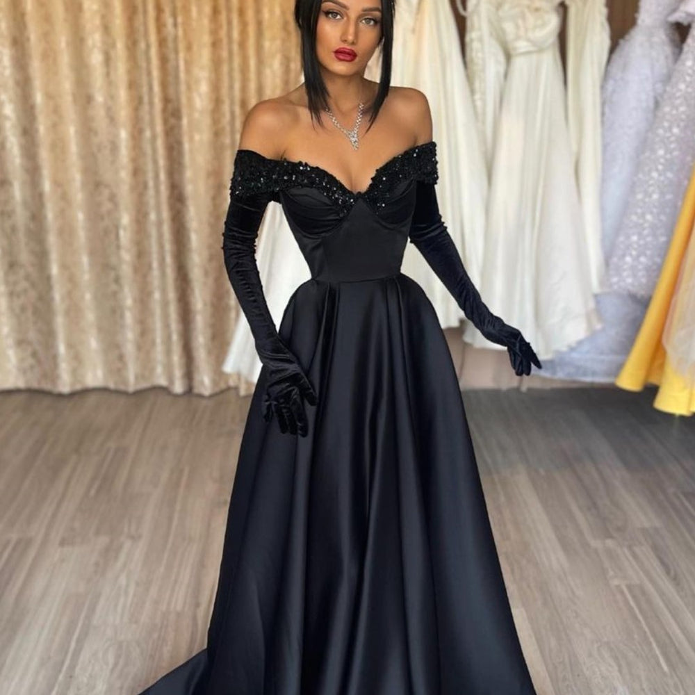 Black Strapless A-Line Prom Dress with Gloves in Charmeuse