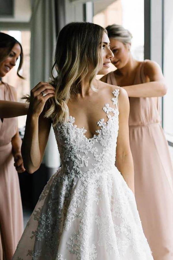 Strappy V-Neck A-Line Wedding Dress with Floral Beading