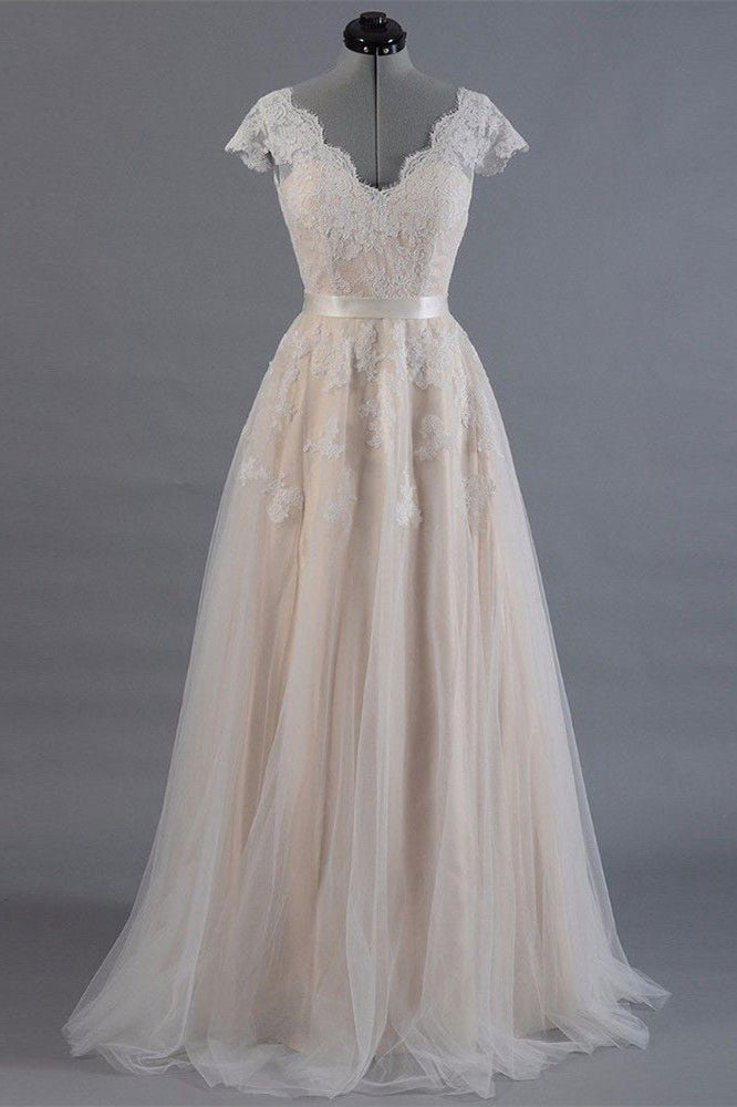 Short Sleeve Lace Long Wedding Dress