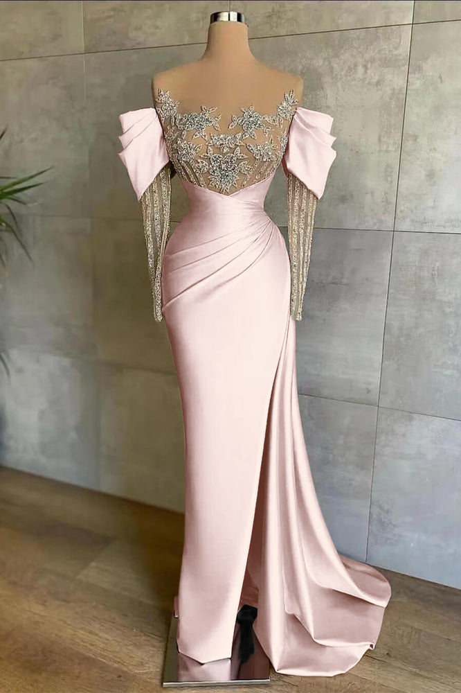 
                      
                        651. Pink Off-The-Shoulder Front Split Mermaid Prom Dress with Beadings and Appliques
                      
                    