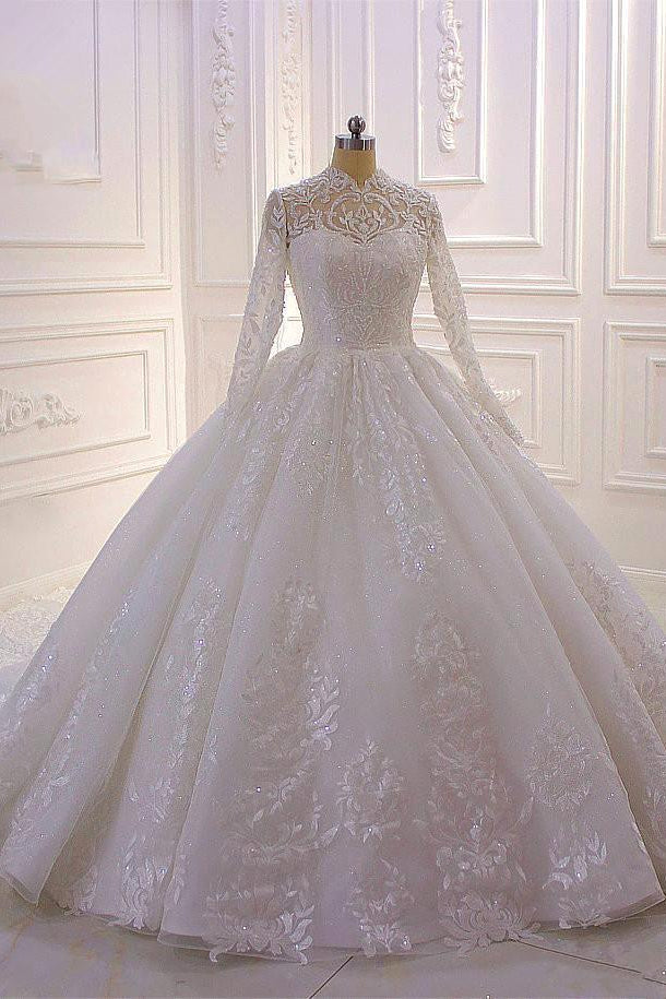 High Neck Long Sleeve Ball Gown Wedding Dress with Lace Ruffles