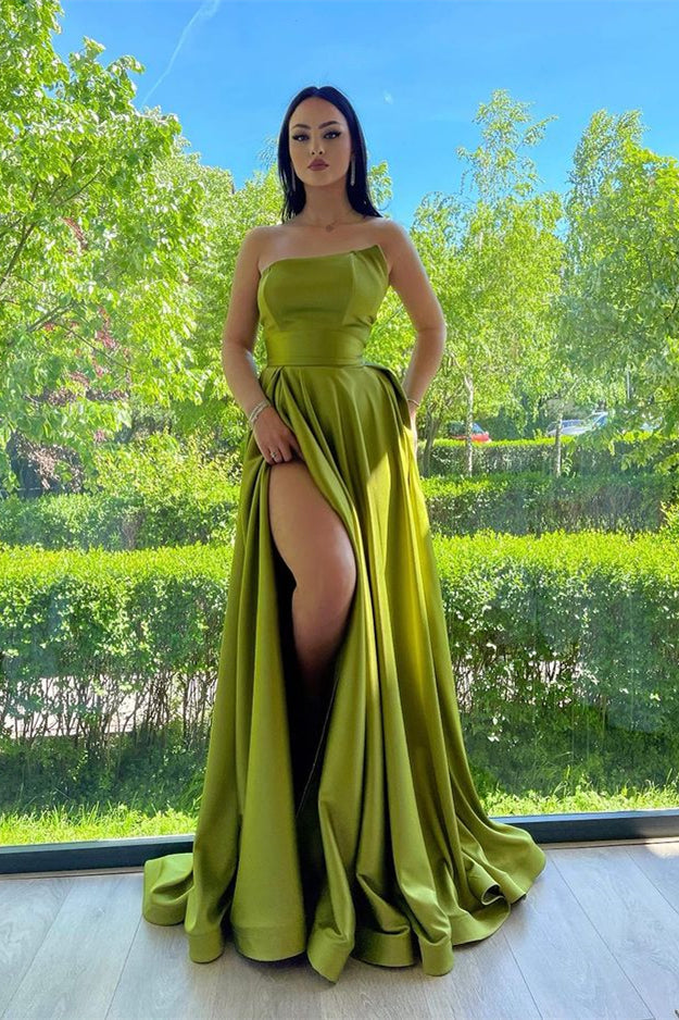 Elegant Green Strapless A-Line Prom Dress with Split