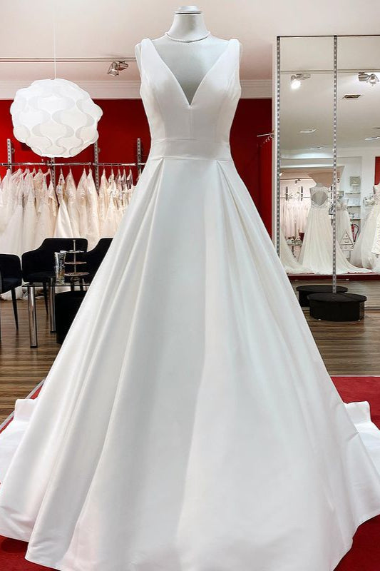 Long A-Line V-Neck Satin Open Back Wedding Dress with Ruffles