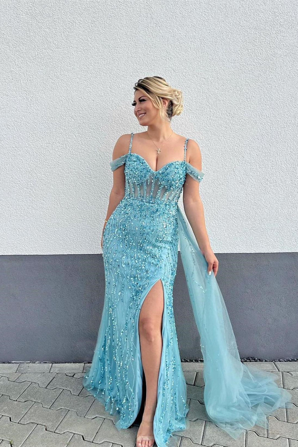 Blue Spaghetti-Straps Ruffled Mermaid Prom Dress with Split and Beadings