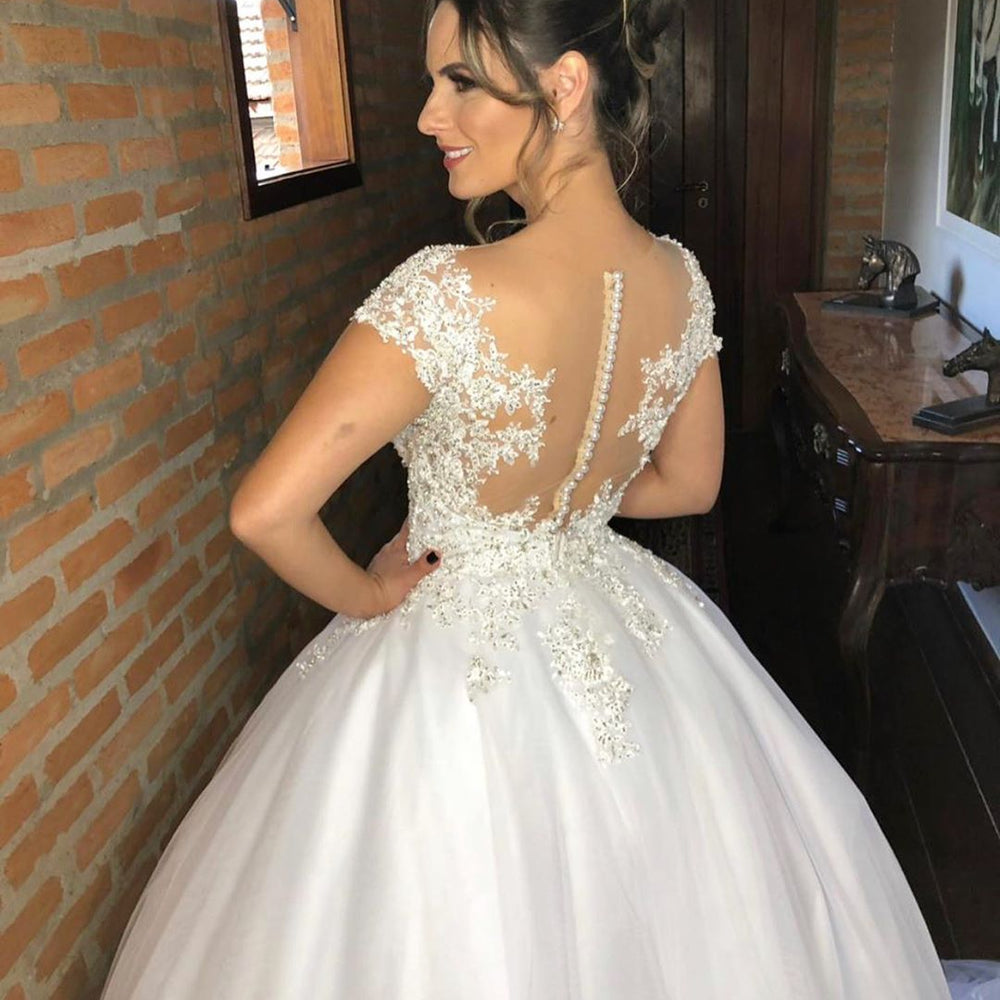 
                      
                        Sweetheart Strappy V-Neck Floor-Length Wedding Dress with Lace Appliques
                      
                    