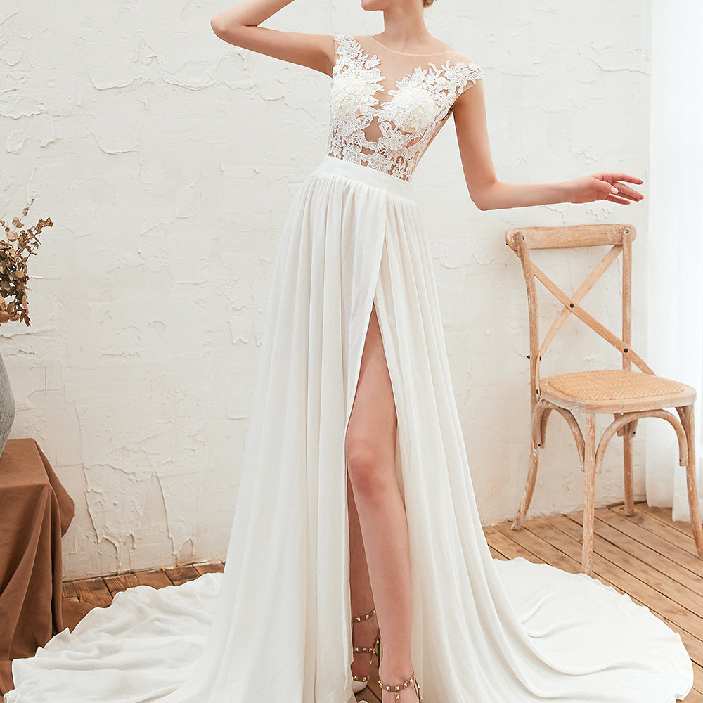 
                      
                        Bateau Neck A-Line Chiffon Wedding Dress with Lace Appliques, Ruffles, and Slit
                      
                    