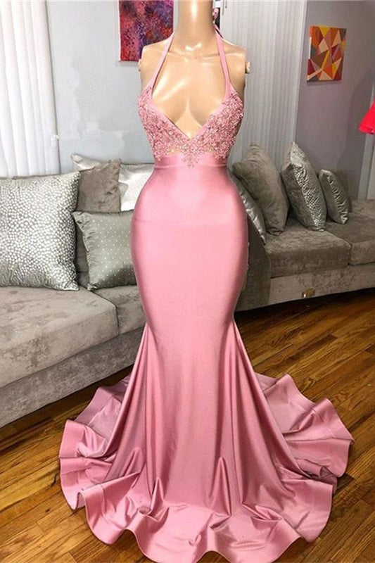 Pink Halter Mermaid Prom Dress with Lace Appliques