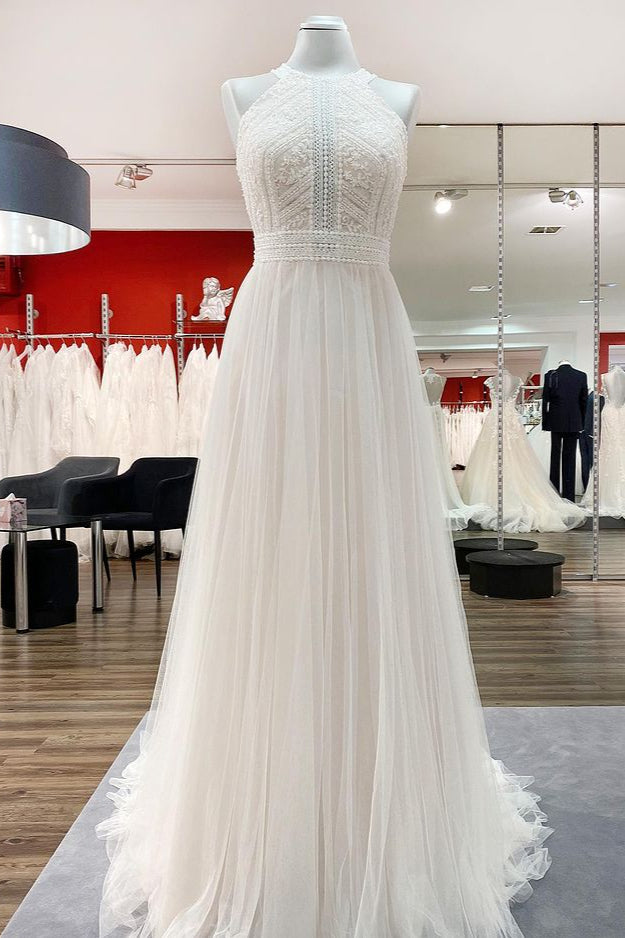 Long A-Line Halter Backless Wedding Dress with Tulle Lace