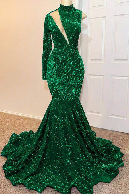 Green High Neck Long Sleeve Sequined Mermaid Long Prom Dress