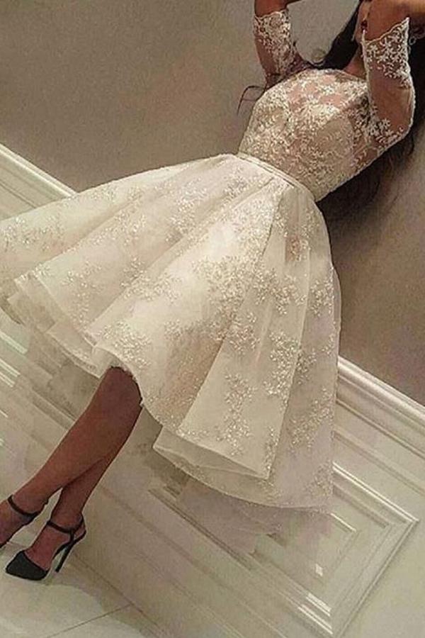 Short A-Line Jewel Neck Wedding Dress with Sleeves and Tulle Lace