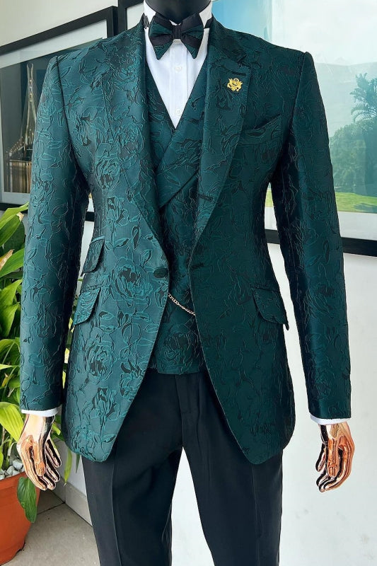 Cleveland Dark Green Jacquard Notched Lapel Three Pieces Fancy Prom Suits