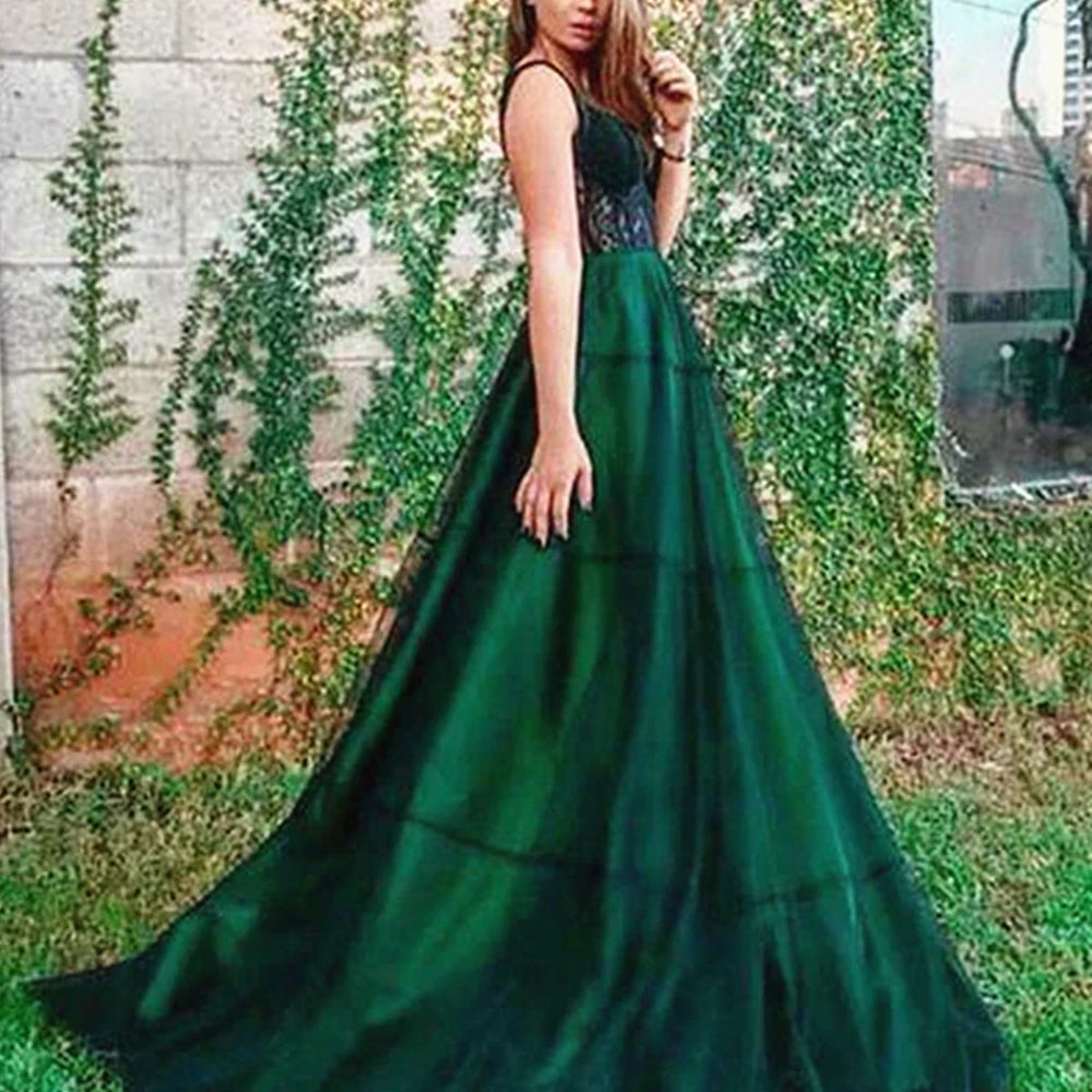 
                      
                        Dark Green Lace Tulle Long Prom Dresses, Dark Green Formal Graduation Evening Dresses with Lace Appliques 
                      
                    