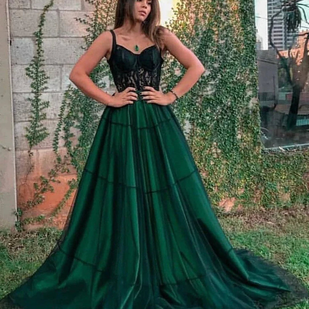 Dark Green Lace Tulle Long Prom Dresses, Dark Green Formal Graduation Evening Dresses with Lace Appliques 