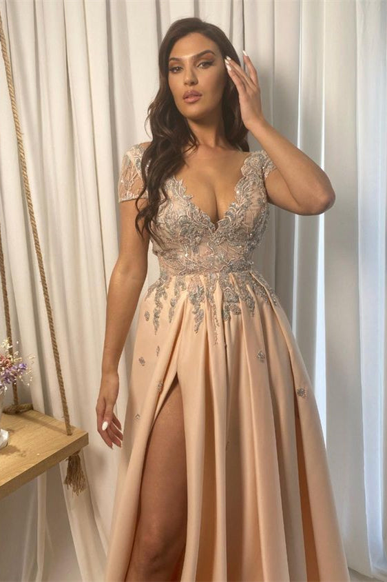 
                      
                        Champagne Lace V-Neck Appliqued Prom Dress with Split
                      
                    