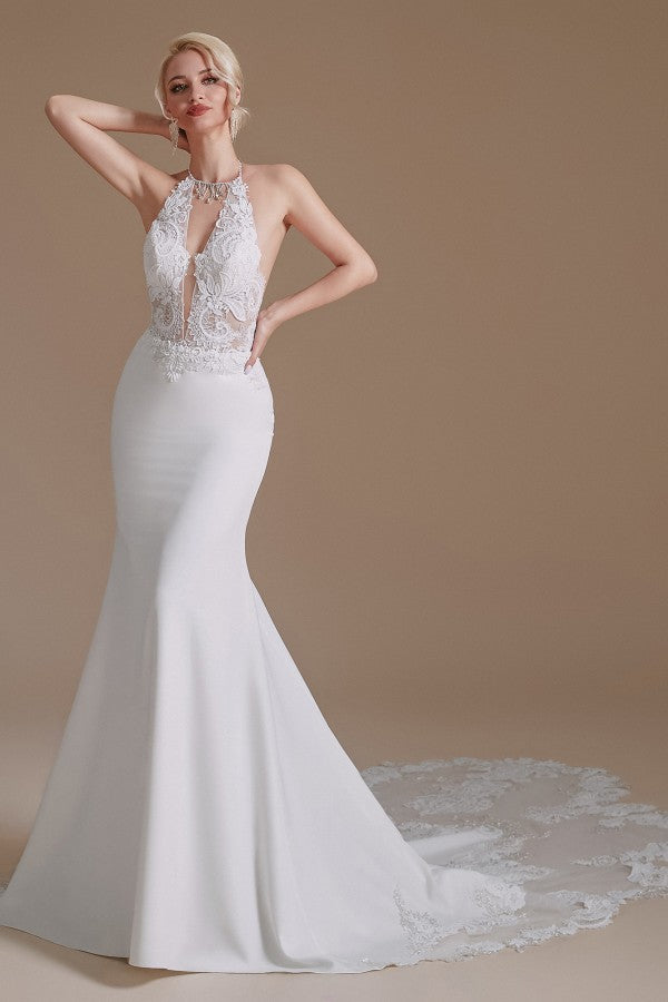 
                      
                        Modest Long Mermaid Halter Backless Satin Wedding Dress with Lace Appliques
                      
                    