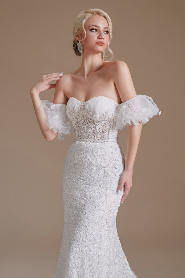 
                      
                        Long Mermaid Sweetheart Lace Wedding Dress with Detachable Sleeves
                      
                    