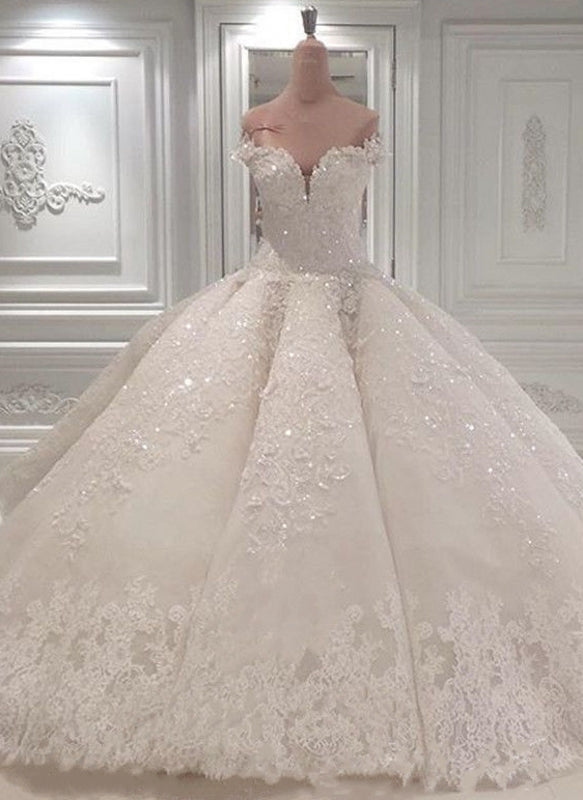 Gorgeous Off-the-Shoulder Ball Gown Wedding Dress with Beadings