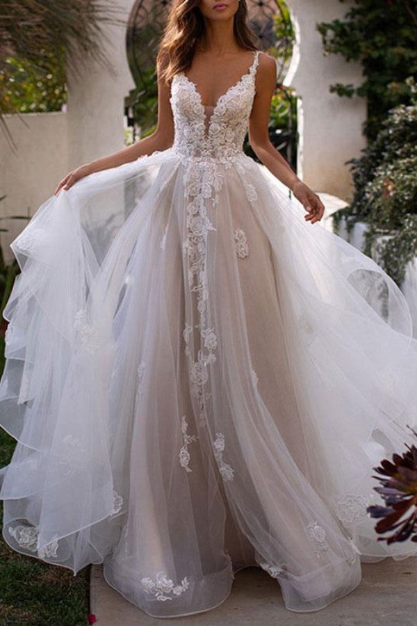 V-Neck Sleeveless Tulle Lace Wedding Dress