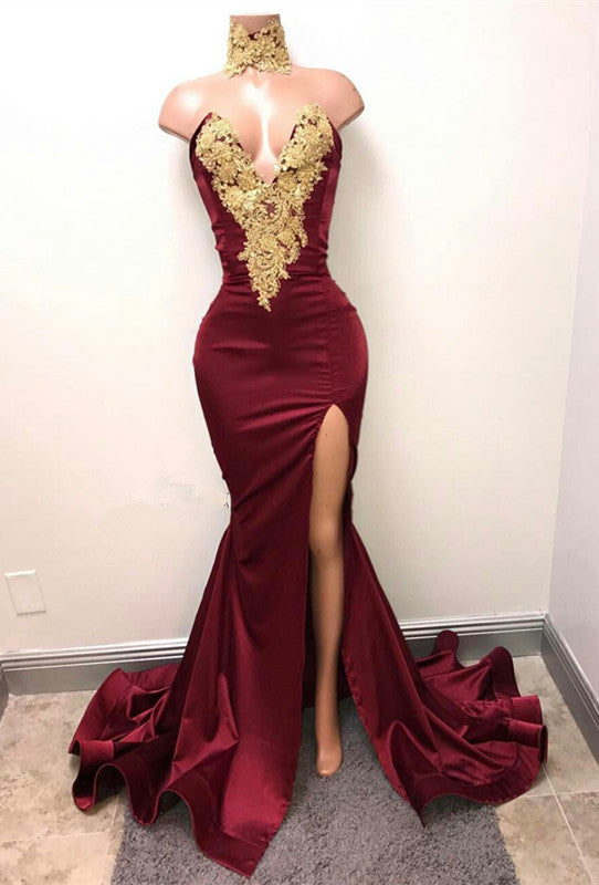 Burgundy V-Neck Mermaid Prom Dress with Split and Lace Appliques