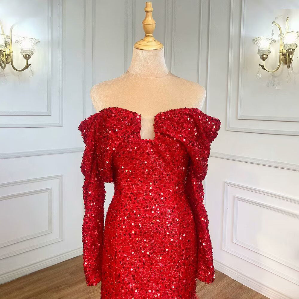 
                      
                        Fashion Red Sequin Prom Dress, Long Sleeves A-Line with Feather
                      
                    