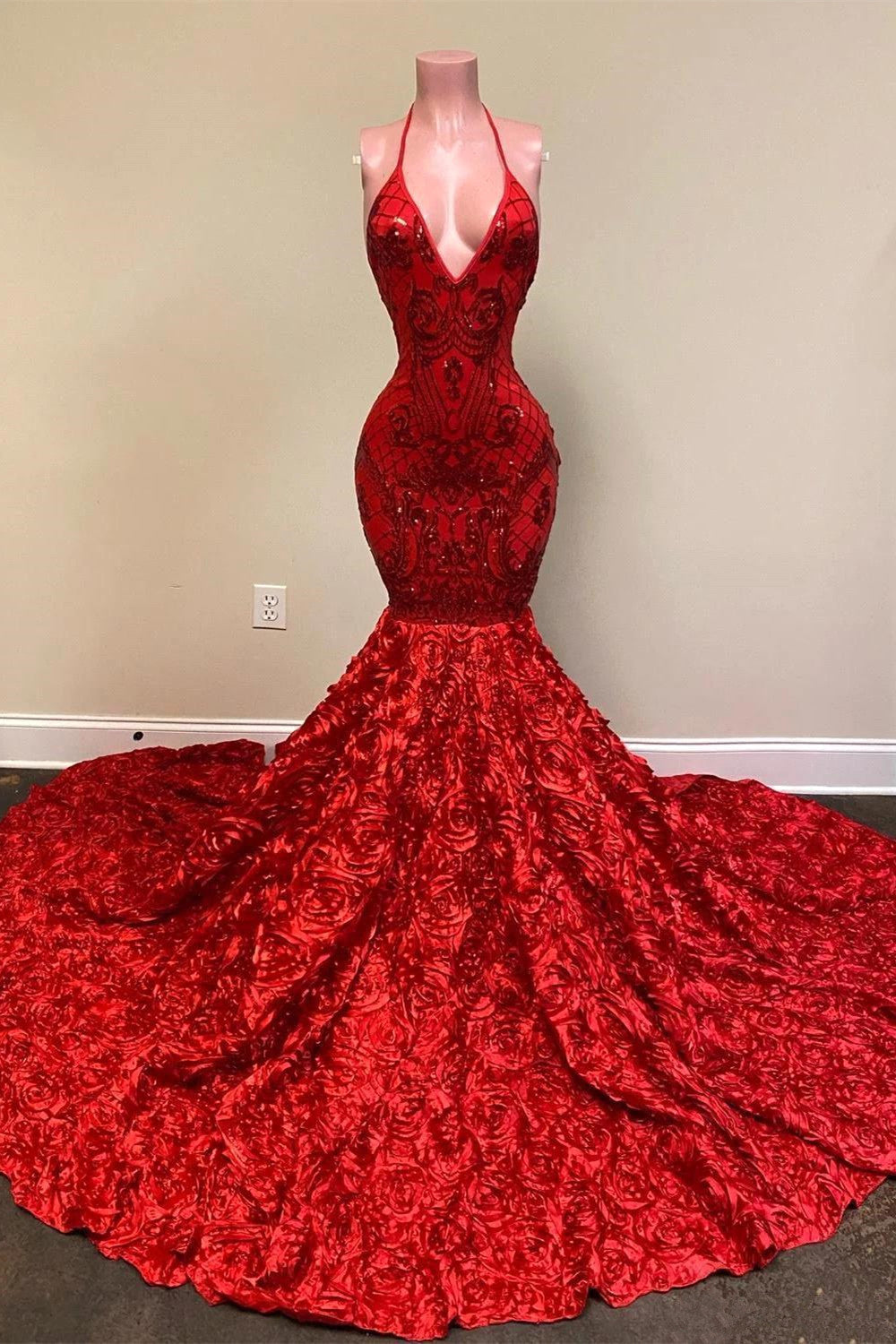 Spaghetti-Straps Red Prom Dress Mermaid with Sequins