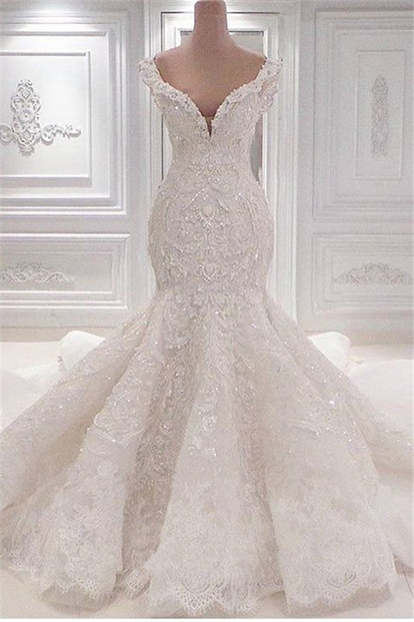 V-Neck Ruffle Floor-Length Mermaid Wedding Dress with Lace Appliques