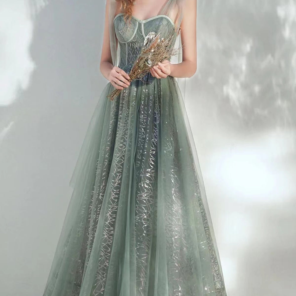 Elegant Sweetheart Strapped A-Line Sequined Prom Dress with Tulle